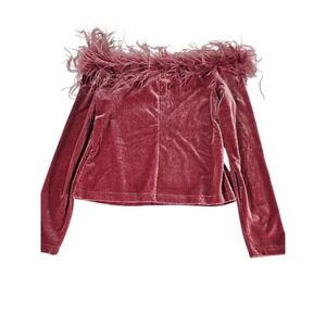 Cachet & Co Velvet Feather Off Shoulder Long Sleeve Top Y2K Women XL Rose Pink
